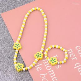 Necklace Earrings Set & Cute Lovely Yellow Flower Girls Wood Beads Bracelet Kids Children's Birthday Party Gift
