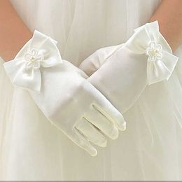 Fingerless Gloves Sweet Satin Flower Girls White Ivory for Kids Children Wedding with Bow Fashion Children's Mittens L221020