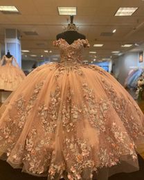 2023 Gold Quinceanera Dresses Lace Appliques Crystal Beads Hand Made Flowers 3D Floral Off Shoulder Short Sleeves Ball Gown Tulle Guest Dress Corset Back