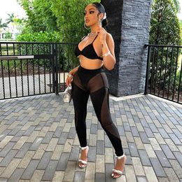 Women's Two Piece Pants Sexy Two-Piece Set Women Summer Mesh Sheer Bikini Crop Top Sets Nightclub Lounge Vacation Club Outfit Streetwear