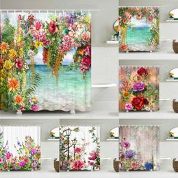 Shower Curtains Retro Blooming Flowers Bathroom Waterproof Polyester Bath Curtain With 12 Hooks