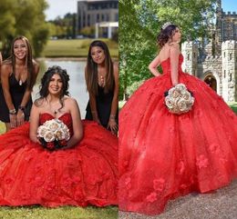 2023 Red Bling Tulle Ball Gown Wedding Dresses Guest 3D Flowers Floral Applique Pearls Beaded Sweetheart Bridal Party Dress For Bride Corset Back