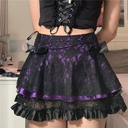 Skirts Women Purple High Waist Lace Floral Short Mini Summer Goth Harajuku Ruffle Hem Layers Skirt E-girl Aesthetic Bottoms 2022