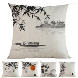 Pillow Ink And Wash Painting Style Bamboo Landscape Scenery Chinese Chinoiserie Sofa Decoration Cover Throw Case