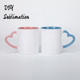 DIY Sublimation Ceramic Mug with Heart Handle 320ml White Ceramic Colorful Inner Coating Special Water Bottle Sea Shipping RRC25