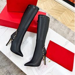 Luxury New Valen Womens Rivet Boots Knee Ankle Winter High Heel 10CM Knight Motorcycle Rainboots Shoes Real Leather Size 35-41