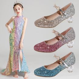 Flat Shoes Girls Princess 2022 Girl Fashion Children High-heeled Catwalk Show Crystal Heel Height 5CM