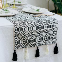 Table Cloth DUNXDECO Runner Tablecloth Cover Fabric Nordic Geometric White Black Tassels Modern Home Office Store Decoration