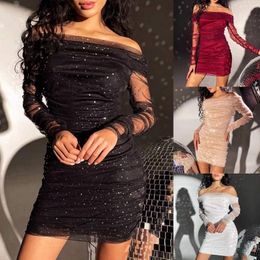 Casual Dresses Sexy Slash Neck Sequined Dress Women Long Sleeve Slim Fit Bandage Summer Fashion Mini Party