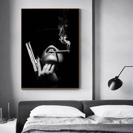 Canvas painting Watercolour Black White Women Smoke and Have Guns Fashion Model Art Painting Wall Home Decor Pictures for Living Room Decoration