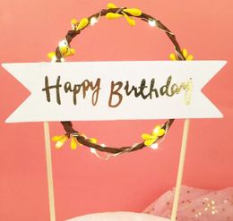 LED Cake Romantic Tools Flag Rattan Wreath Happy Birthday Stand Flags Glowing in the Dark Party Supplies