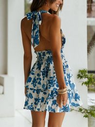 Casual Dresses Women Clothing Halter Neck Sexy Backless Floral Print Summer Beach Elastic Smocked Waist Ruffle Hem Mini