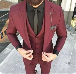 Groom Tuxedos Burgundy Groomsman Wedding Tuxedos Notch Lapel Suit Business Prom Blazer Jacekt and Pants with Vest