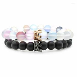 Charm Bracelets Selling Fashion Handmade Couples Zircon Crown 8MM Frosted Stone Beads Bracelet Sets