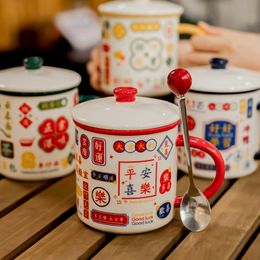 Chinese Style Retro Ceramic Mug with Lid Large Capacity National Trend Vintage Drinking Mug for Home Office