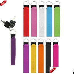 Party Favor Solid Color Neoprene Wristlet Keychains Lanyard Strap Band Split Ring Key Chain Holder Hand Wrist Keychain For Girls/Wom Dhx4S