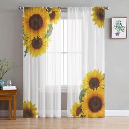 Curtain Sunflower Flower White Print Sheer Window Panel Curtains Room For Living Bedroom Kitchen Chiffon Tulle