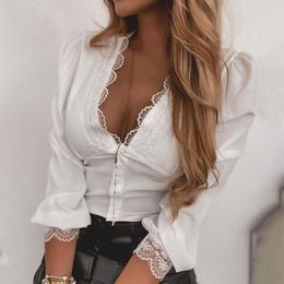 Women's Blouses White Sexy Deep V-neck Lace Patchwork Shirt Blouse Woman Spring Button Long Sleeve Shirts For Women 2022 Casual Slim Tops