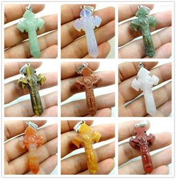 Pendant Necklaces Selling Fashion Hand-carved Mixed Natural Stone Cross Charms Pendants For Necklace Making Jewellery