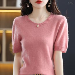 Women's T Shirts Spring/Summer Round Neck Cashmere Knit Short Sleeve Wool Top T-Shirt Ladies Sweater Loose Solid Color Women's Pullover