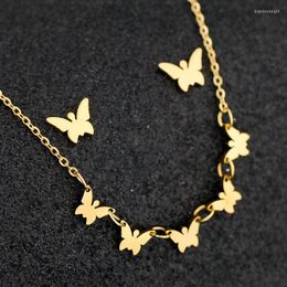 Necklace Earrings Set Cute Gold Color Multiple Butterfly Stainless Steel Charm Jewelry Collier Party Accessories