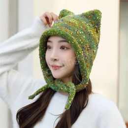 Cute knitted Bonnet hat female autumn and winter warm ear protection wool outdoor windproof hat women lady earflap caps