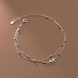 Anklets Real 925 Sterling Silver Double Layered Ankle Bracelet Bowknot Beads & Bracelets Chains For Foot Wrist Summer Jewelry