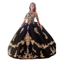 Stunning Quinceanera Dresses Gold Appliques Sweet 15 Prom Sequin Ball Gown Vestidos De XV Anos 326 326
