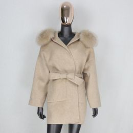 Women's Wool Women's & Blends CXFS 2022 Oversize Loose Cashmere Real Fur Coat Winter Jacket Women Natural Collar Hood Outerwear Belt