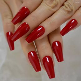False Nails Gorgeous Red Press On Ballet Long Ruby-red Coffin Ballerina UV Fingersnails Free Adhesive Tapes