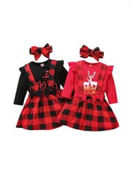 Clothing Sets 3 Pieces Baby Suit Set Cartoon Patterns O-Neck Long Sleeve Romper Plaid Suspender Skirt Headband 0-18 Months