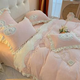 Bedding Sets Winter Milk Fiber Four-Piece Thickened Double-Sided Coral Fleece Princess Style Quilt Cover Flannel