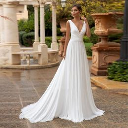 Modest Chiffon Wedding Dress For Bride V Neck Sleeveless A Line Pleats Beach Boho Bridal Gowns Plus Size Custom Made Vestidos De Noiva