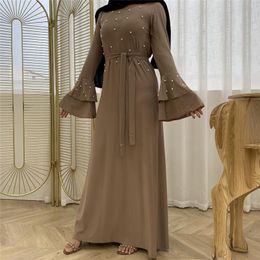 Ethnic Clothing Donsignet Muslim Dress Fashion Middle East Eid Duabi Abaya Turkey Robe Multilayer Trumpet Sleeve Beaded Belt Slim