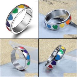 Wedding Rings Wedding Rings Titanium Steel Romantic Personality Women Lesbian Ring Stainless Female Gay Pride Rainbow Heart Bands Je Dh1Oz