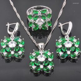 Necklace Earrings Set 2022 Perfect Green Zirconia Women's Silver Colour Pendant Rings QZ0360