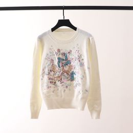 Women Slimming Sweaters Cartoon Animal Embroidered Round-neck Long-sleeved Knit