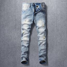 Men's Jeans European Vintage Fashion Men Retro Light Blue Elastic Slim Ripped Embroidery Designer Korean Casual Denim Pants