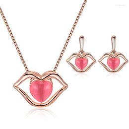 Necklace Earrings Set & Dubai For Women 2022 Heart Opal Flames Red Lips Pendant Necklace&Earrings Bride Jewellery Drop