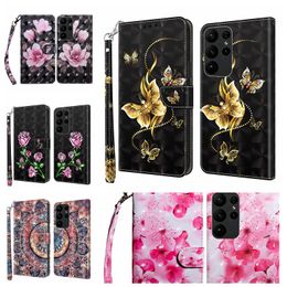 3D Leather Wallet Cases For Samsung A54 S23 Plus Ultra A14 A04S A23E A04 Huawei Honour 50 X8 4G Fashion Rose Flower Sakura Butterfly Dog Card Slot Flip Cover Holder Purse