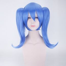 Fashion blue double pony tail clip long long straight hair cosplay wig