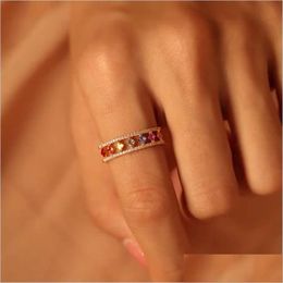 Wedding Rings Wedding Rings Stainless Steel Colorf Cz Band Rainbow Ring For Women Thin Skinny Birthstone Colour Classic Simple Round Dhdwj