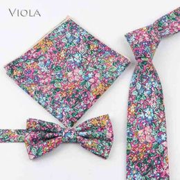 Vintage Floral Printed Tie Set 65cm Cotton Linen Men Tie Butterfly Hankie bowtie Handkerchief Pocket Square Wedding Party J220816