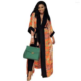 Ethnic Clothing Autumn African Women Lace Up Cardigan Orange Dashiki Print Long Coat Femme Robe Maxi Outwear Boho Streetwear Ethic Trench