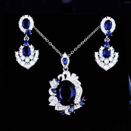 Necklace Earrings Set Luxury Design Silver Color Jewelry For Women Vintage Tanzanite Blue Stone Pendant Dainty Party Accessoires