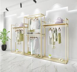 Hangers & Racks Gold Clothing Store Display Shelf Floor Type Double Hanging Rack Men's And Women's Shop Decoration Design High