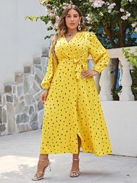 Plus Size Dresses Simplee Belt Polka Dot Dress Women Elegant Lantern Sleeve V-neck Wrap Office Autumn Female Vestido 4XL