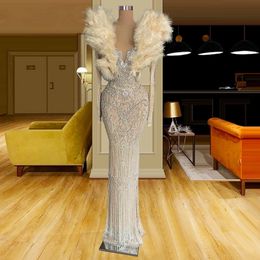 Feathers Luxury Champagne Prom Dresses Mermaid Lace Beads Party Dresses Crystals Tassels Custom Made Evening Dress