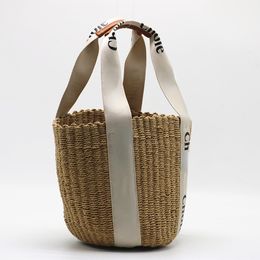 Women's Cylindrical Straw Woven Bucket Bags Designer Handbag Brand Letter Printing New Summer Beach Travel Bag