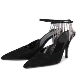 Quality Sling Chain-trimmed Suede Sandals Shoes Chain-embellished Pumps Ankle Straps High Heels Women's Sandalias Wedding.Dress.Party